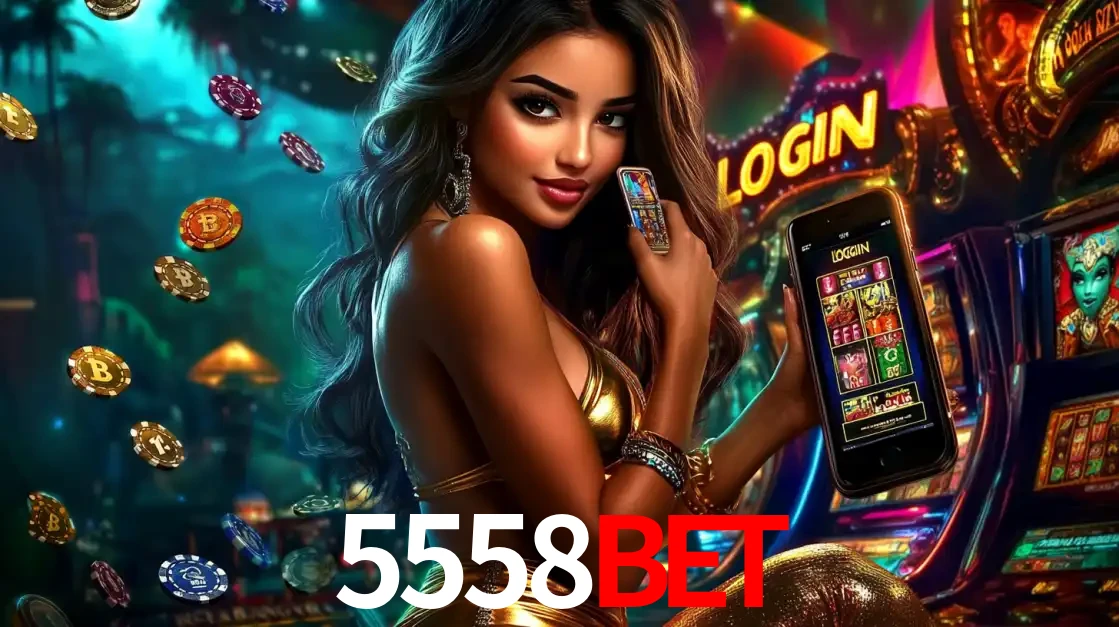 Mulher em um cenário de cassino temático de aventura, mostrando o app de caça-níqueis da 5558bet no celular. Fichas de apostas flutuam ao redor.