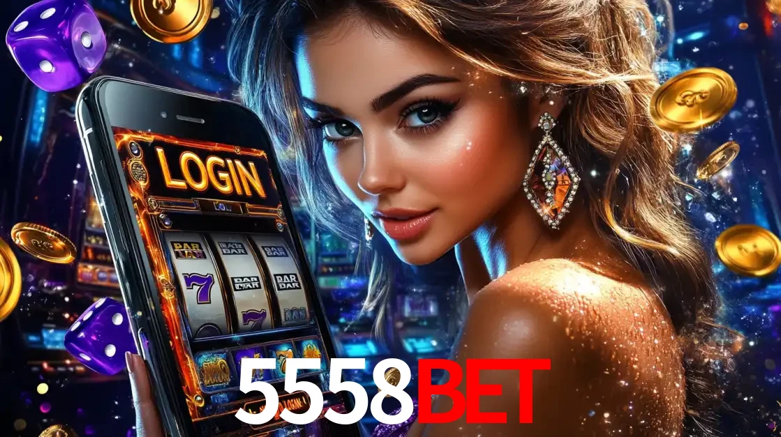 Mulher glamorosa segurando um smartphone com a tela de login para os jogos de caça-níqueis do cassino online 5558bet, com moedas de ouro e dados ao redor.