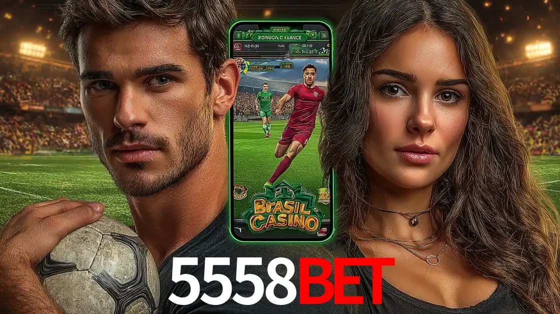 Homem segurando uma bola de futebol e uma mulher ao lado de um smartphone exibindo o jogo de apostas esportivas da 5558bet. Faça seu palpite no cassino online.